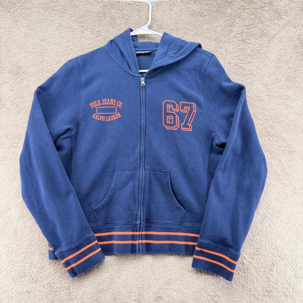 Polo Jeans Co Ralph Lauren Mens XL Full Zip Hoodie Navy Blue Orange 67 Graphic